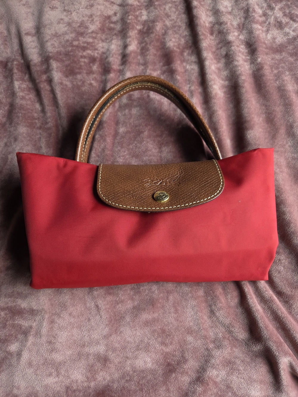 Longchamp Red Nylon Tote with Brown Leather Trim